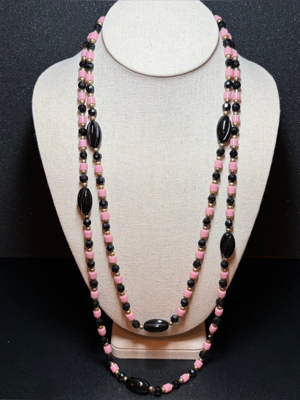 Vintage Pink Black Gold Tone Long Strand Beaded Necklace